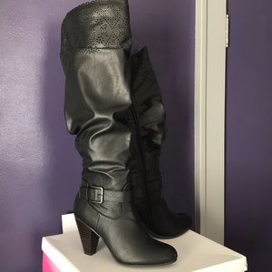 Knee high black heeled boots wide leg